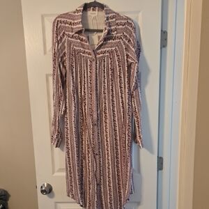 Striped/Floral Maroon and White Long-Sleeve Button Shirt Dress